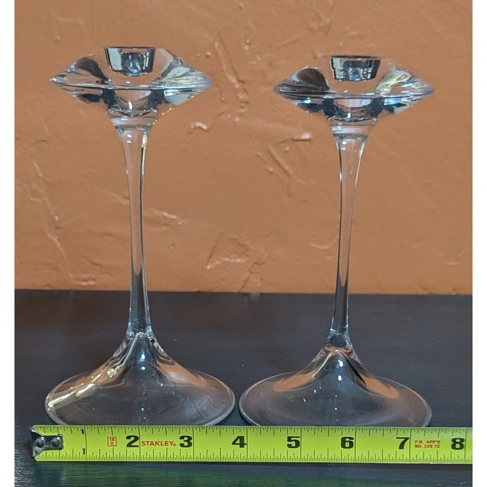 Kosta Boda Fanfare Crystal Candlesticks Set of 2 Signed & No. Kjell Engman 68205